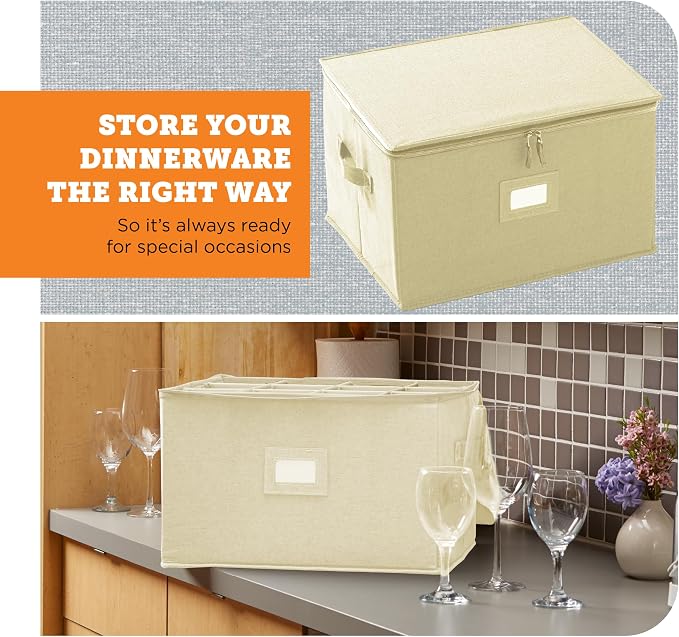storageLAB Wine Glass Storage Case | Hard Shell Felt Dividers | Cream | Hard shell case holds 12 wine glasses in 4x4 felt compartments. Stackable, top-load, label tag. Cream linen finish.