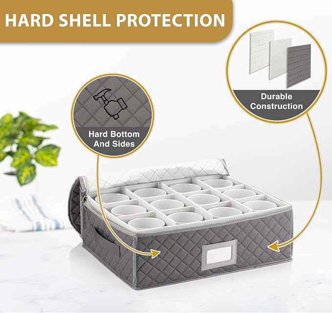 StackStorePlusMore China Cup Storage Chest - Quilted Fabric Container in Gray Measuring 16" x 13" x 6"H - Perfect Storage Case for Coffee Cups - Tea Cups - Mugs