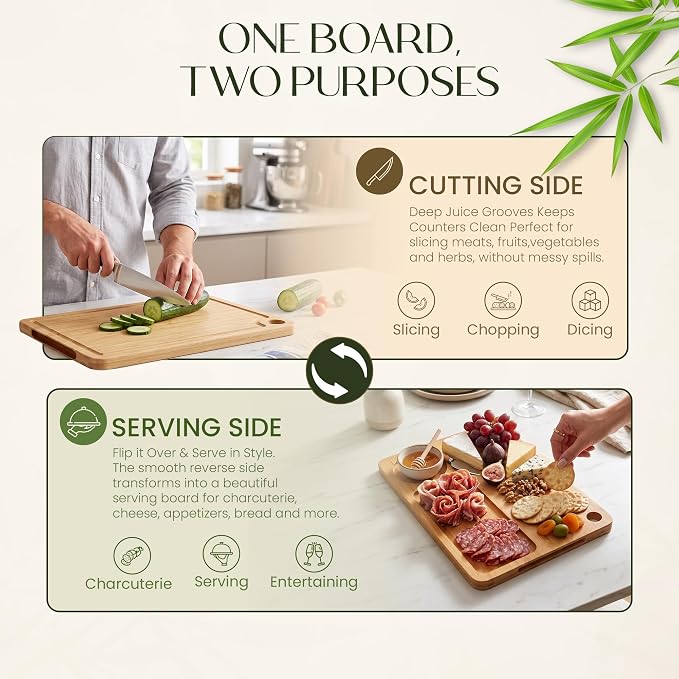 3-Piece Bamboo Cutting Boards - Groove, Handles, 15/12/9" - Natural | Bamboo boards with juice groove for prep, serving side for charcuterie