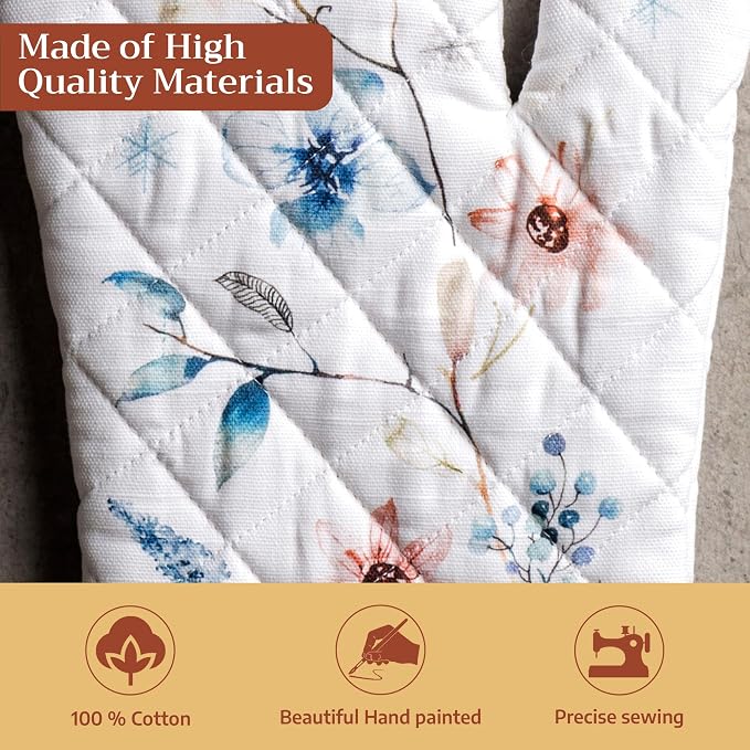 Maison d'Hermine Oven Gloves 100% Cotton Oven Mitt (7" x 13", Pack of 1) | With Loop Heat Resistant BBQ Cooking Gloves Baking Kitchen Handling Hot Pans Thanksgiving Christmas - Ice Florals
