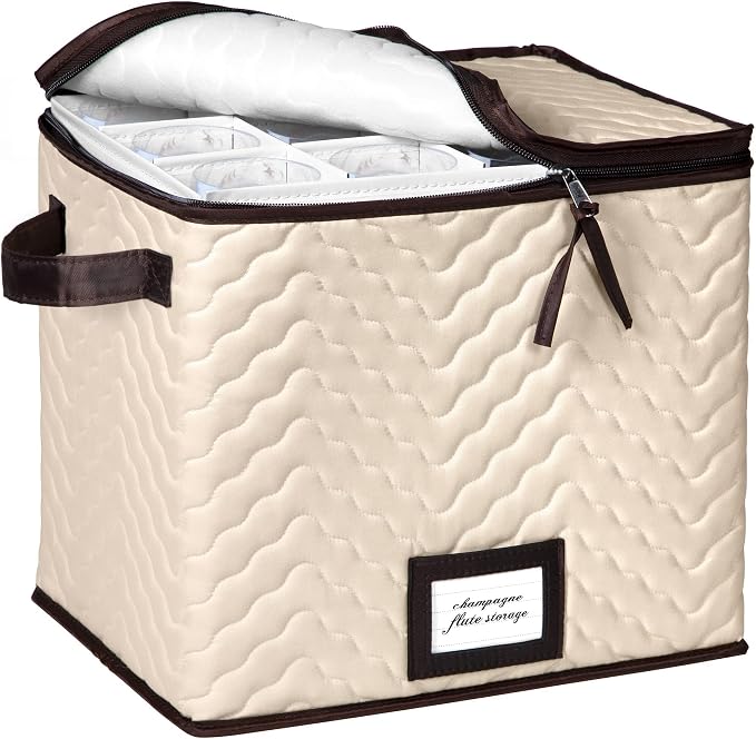 Wine Glass Storage Box with Dividers, Holds 12 Champagne Flute 3" Wide | Stemware Storage Case, Protects Fine China, Durable Quilted Microfiber, Carry Handles, Ideal for Champagne Flute