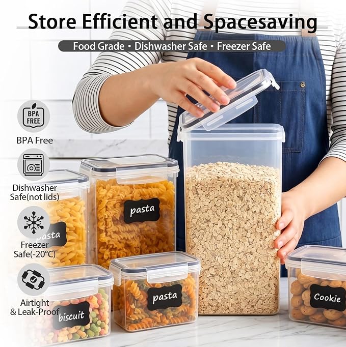 24 PCS Airtight Food Storage Containers with Lids, Plastic Kitchen and Organization Canisters for Cereal, Dry Food, Flour and Sugar, BPA-Free, PVC-Free, Includes 24 Black Labels & Marker