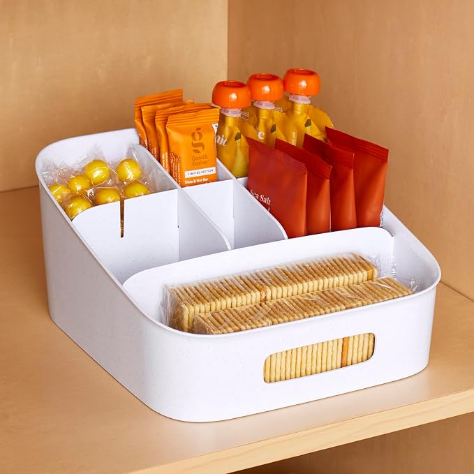 YouCopia ShelfBin Adjustable Snack Bin, BPA-Free Divided Storage Basket for Kitchen Pantry Organization, One Size, Speckled White