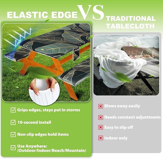 Wrakus Picnic Table Cover with Bench Covers Vinyl Elastic Edges Fitted Rectangle Seat Tables Waterproof 3-Piece96X30in Set Outdoor Rectangular Folding Backing Tablecloth for Camping Over Size