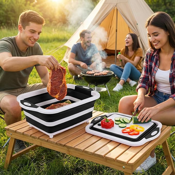 Collapsible BBQ Prep Tub with Lid, Foldable Camping Sink with Colander, Cutting Board, Dish Basin for Kitchen, Bowl, Vegetable and Fruit, Storage Basket for Picnic-Black