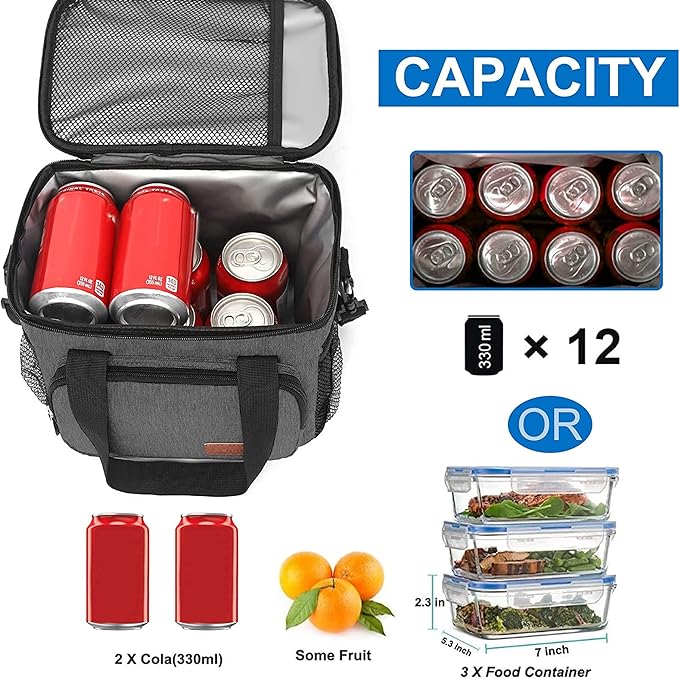 Lunch Bags for Women/Men, Insulated Lunch Bag for Work Office Picnic - Lunch Cooler Bag Leakproof Lunch Box with Adjustable Shoulder Strap - Grey(8.7L)