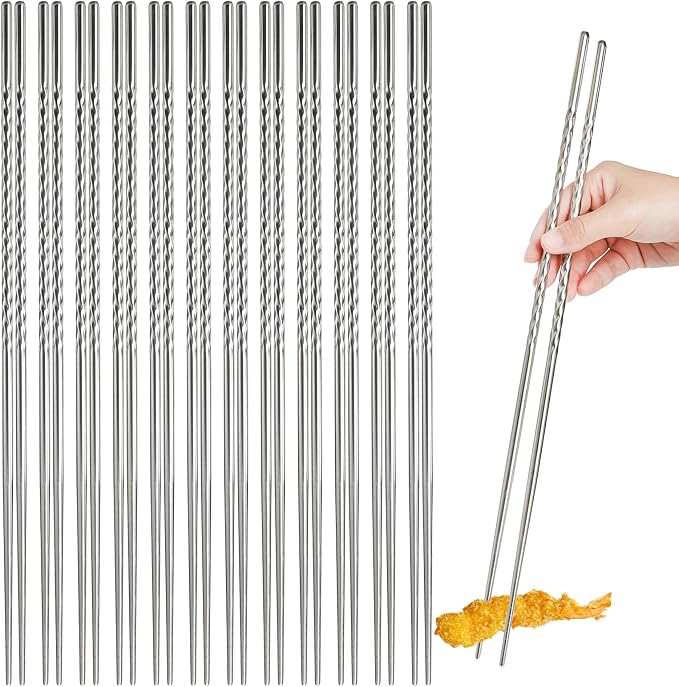 Hiceeden 12 Pairs 15 Inches Extra Long Cooking Chopsticks, Stainless Steel Reusable Frying Chopsticks, Metal Japanese Korean Chinese Hotpot Chopstick with Anti-Slip Threaded for Noodles, Silver