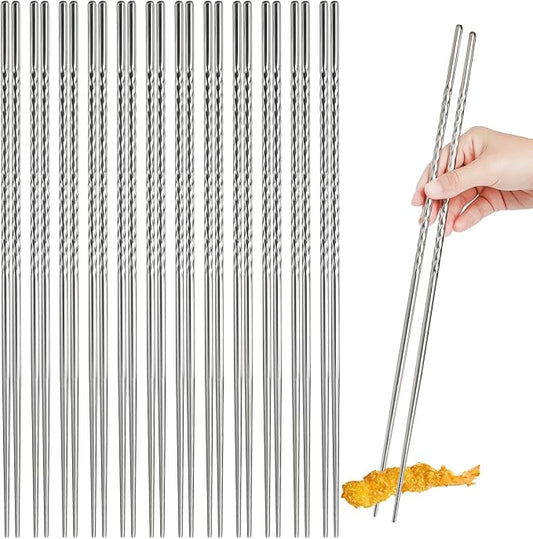 Hiceeden 12 Pairs 15 Inches Extra Long Cooking Chopsticks, Stainless Steel Reusable Frying Chopsticks, Metal Japanese Korean Chinese Hotpot Chopstick with Anti-Slip Threaded for Noodles, Silver