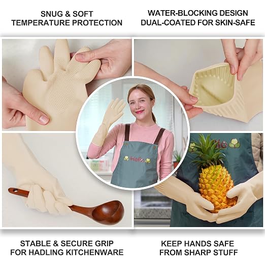 DABOGOSA Reusable Waterproof Household Dishwashing Cleaning Rubber Gloves, Non-Slip Kitchen Glove (Ivory, XL (Pack of 3))