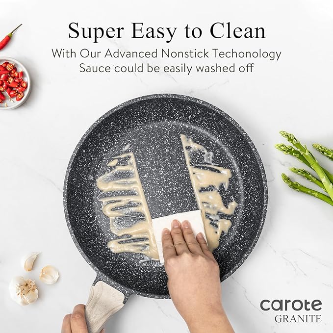 CAROTE Non Stick Frying Pan, 12 Inch Classic Granite Skillet with Glass Lid | Healthty Non Toxic Kitchen Stone Cookware, Compatible with All Stovetop, Easy to Clean, PFOA Free