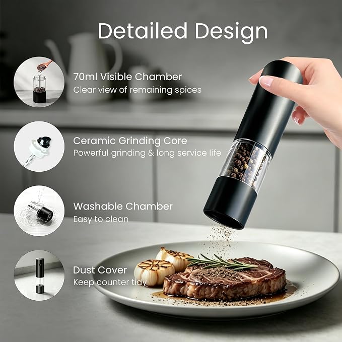 USB Rechargeable Grinder Set With Storage Base, 1 Pack (Black) | USB Charging & Adjustable Coarseness, No Light Design, Ideal For Cooking, Picnic And Restaurant Seasoning