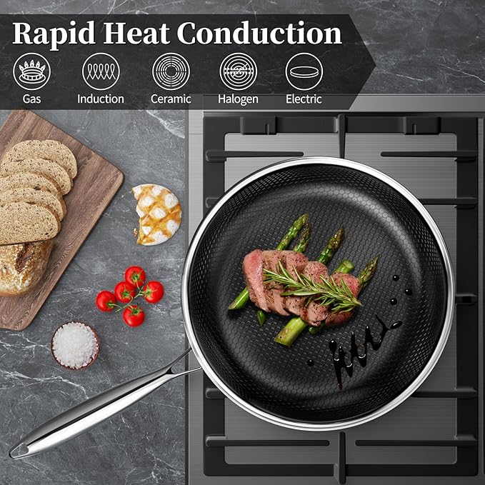Innerwell Nonstick Frying Pan Set,8 Inch&9.5 Inch&11 Inch Tri-Ply Hybrid Stainless Steel Ceramic Frying Pans Kitchen Cooking Pan Skillet 3 Piece PFAS/PFOA/PTFE Free,Dishwasher & Oven Safe