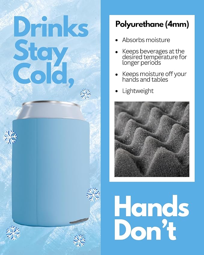 PartyPrints 200 Pack Placid Blue Blank Can Cooler Sleeves, Customizable Bulk Insulated Foam for Beer, Collapsible Plain Drink Holder, Cold Soda Insulator, 12oz Regular, 16oz Tall Cans