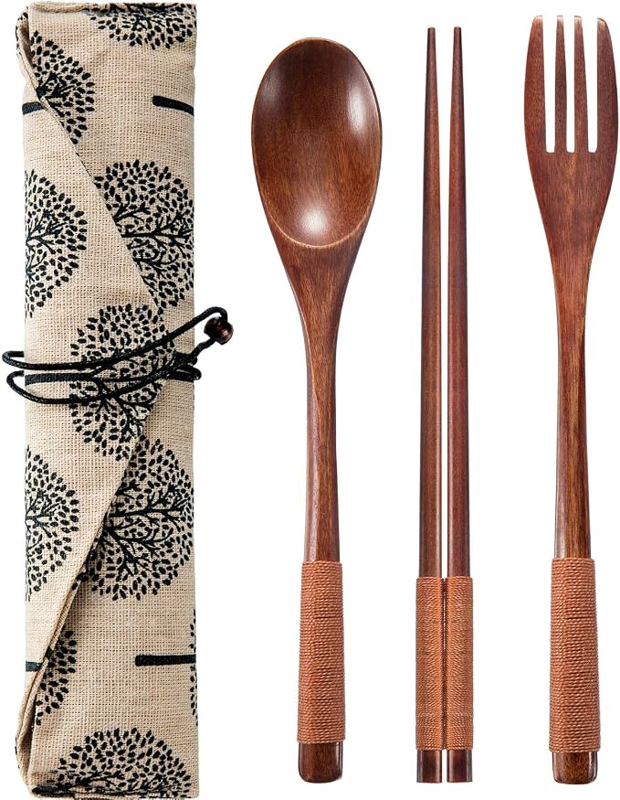 2 Sets Wooden Utensil Set, Travel Utensils for Eating, Wooden Fork Spoon Chopsticks, Reusable Portable Flatware Cutlery Set, Tied Line Flatware with Pouch for Lunch Camping Traveling