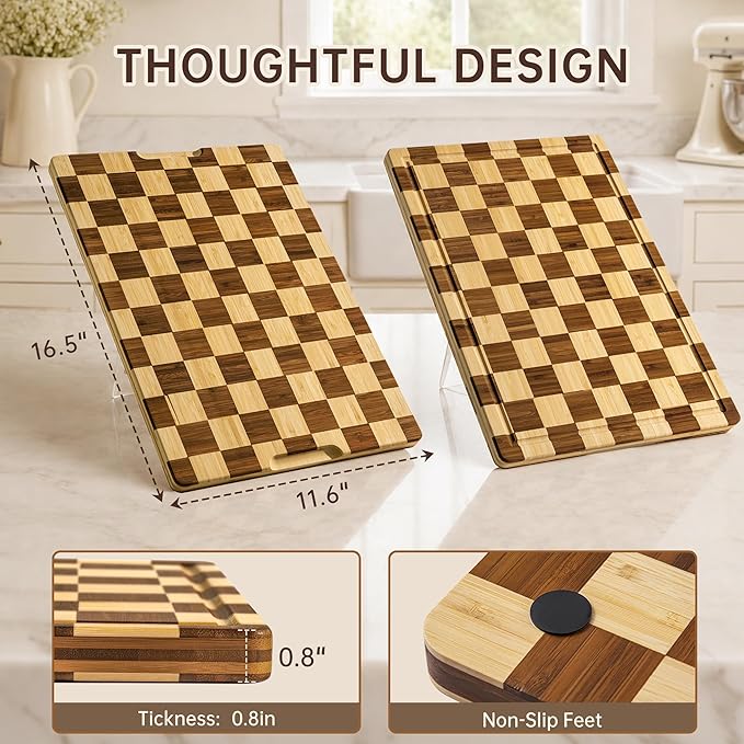 Checkered Cutting Board for Kitchen, Bamboo Wooden Cutting Board | Serving Tray with Juice Groove, Non Slip, Non-Toxic, Thick Large Chopping Board Gift , 16.5” x 11.6” x 0.8”