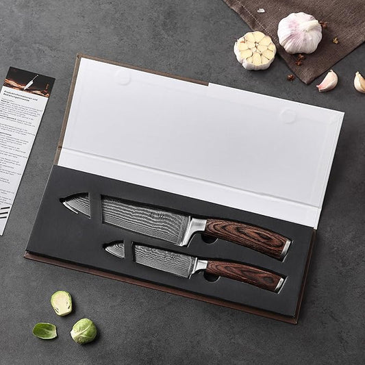 Wakoli EDIB 2-Piece Santoku Damascus Knife Set | Genuine Damascus Steel Blades with VG10 Core | Ergonomic Pakkawood Handles | Professional Kitchen Knife Set in Gift Box