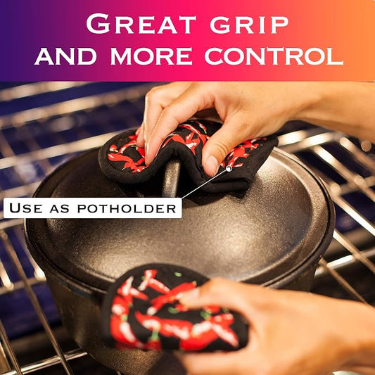 Cast Iron Skillet Pan Pot Holder Covers Mitts Black Non-Slip Washable Sleeves for BBQ Baking Kitchen Cotton Commercial Grade (Chili, 10)