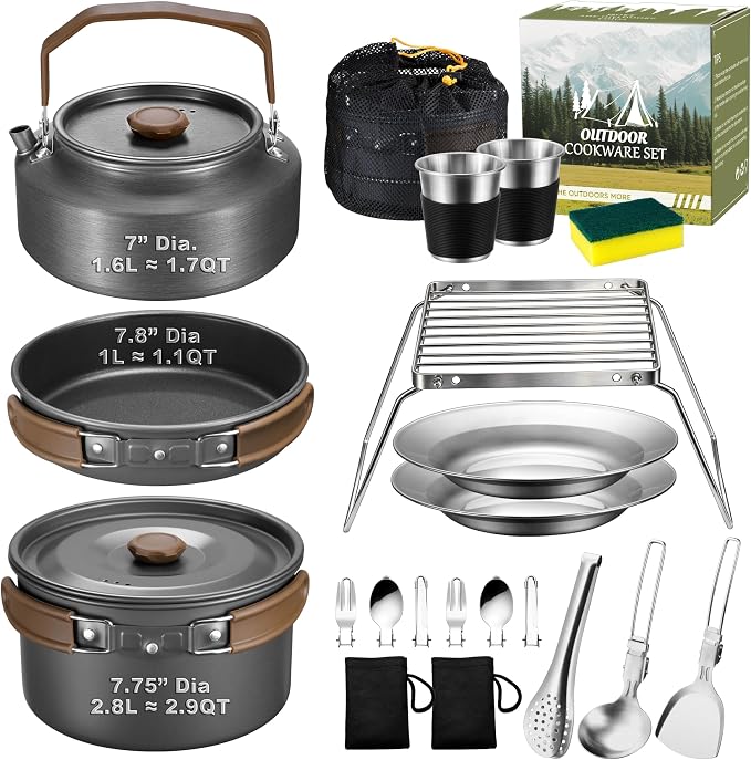 18Pcs Camping Cookware Cooking Set, Joyfair Camp Mess Kit with Utensils | Nonstick Pan,Pot,Kettle,Grill Grate, Outdoor Portable Backpacking Gear Openfire Accessories Essentials, Compact&Lightweight
