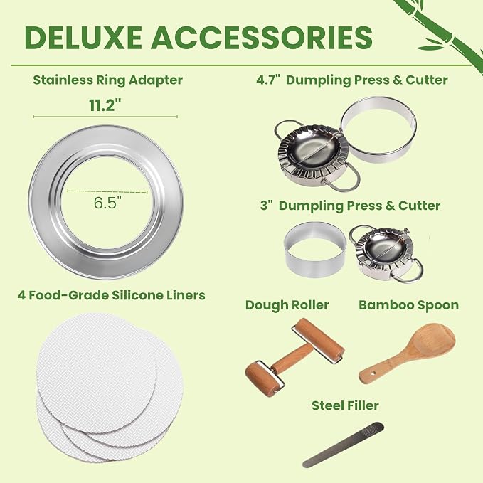 Bamboo Steamer Basket 10 Inch - Dumpling Steamer Basket 2 Tier with Steel Rims, Handles, Lid & Accessories, Bamboo Steamers For Cooking Steam Bao Bun Dim Sum Potsticker Veg, 10" Food Steaming Baskets