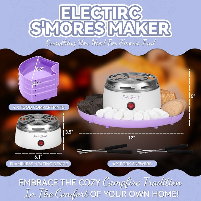 Party Desserts Electric Smores Maker Tabletop Indoor Kit, Indoor Marshmallow Roaster, Smores Station with 4 Compartment Trays & Forks, Great Gift for Adults and Kids in Holidays and Parties (Lavander)