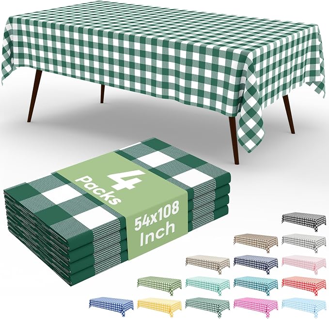 4 Packs Buffalo Disposable Table Cloth, 54 x 108 Inch Waterproof Plastic Tablecloth, Rectangle Hunter Green and White Checkered Table Covers for Picnic, Birthday, Party, Back to School