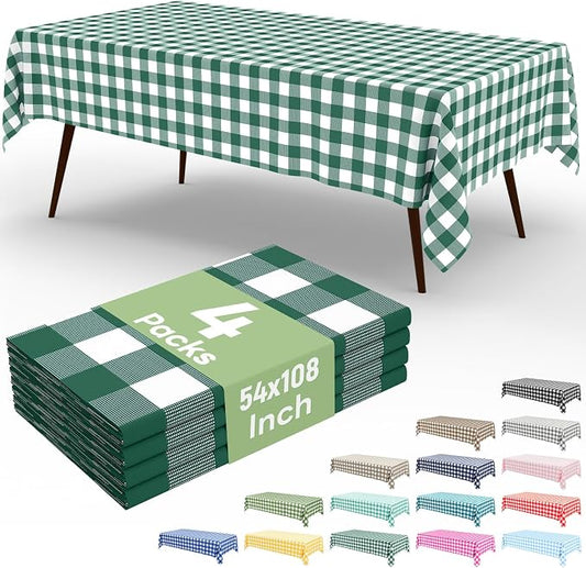 4 Packs Buffalo Disposable Table Cloth, 54 x 108 Inch Waterproof Plastic Tablecloth, Rectangle Hunter Green and White Checkered Table Covers for Picnic, Birthday, Party, Back to School