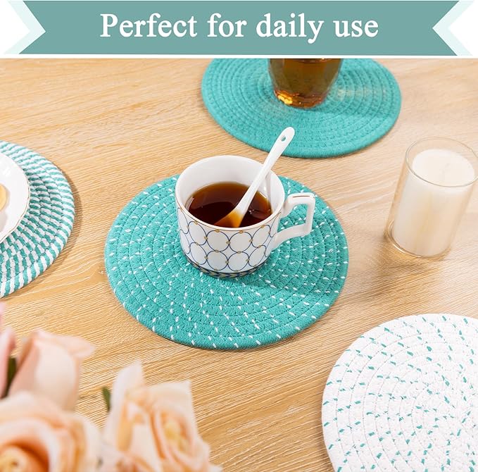 SHACOS 8 Inches Trivets for Hot Dishes, 4 Pieces Cotton Trivets Mats for Kitchen, Hot Pads for Countertops and Table, Heat-Resistant Pot Holders for Hot Pots and Pans(Teal Blue, 4pcs)