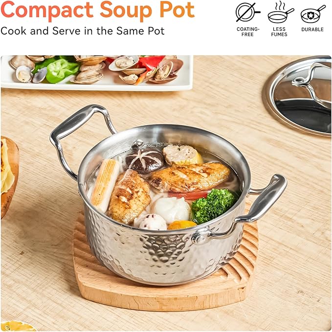 WANGYUANJI 1.8-Quart Stainless Steel Stock Pot with Lid, Small Soup/Sauce Pot, Tri-Ply Bottom, Induction Compatible, Dishwasher Safe, Hammered Finish