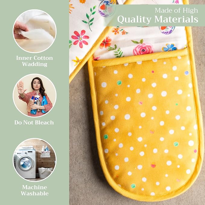 Maison d' Hermine Double Oven Mitts 100% Cotton Double Oven Glove (7"x35") | Heat Resistant BBQ Cooking Gloves with Loop Baking Grilling Kitchen Home Farmhouse Spring Summer - Happy Florals - Sweety
