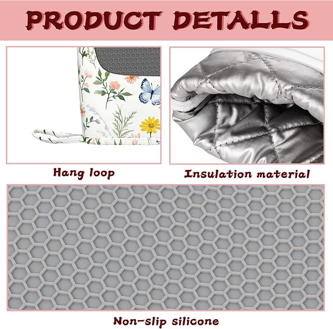 Wildflowers Oven Mitts and Pot Holders (4PCS),Vintage Plants Herb Flower Butterfly Heat Resistant Non-Slip Silicone Kitchen Gloves for Cooking, Baking, BBQ Waterproof Kitchen Accessories