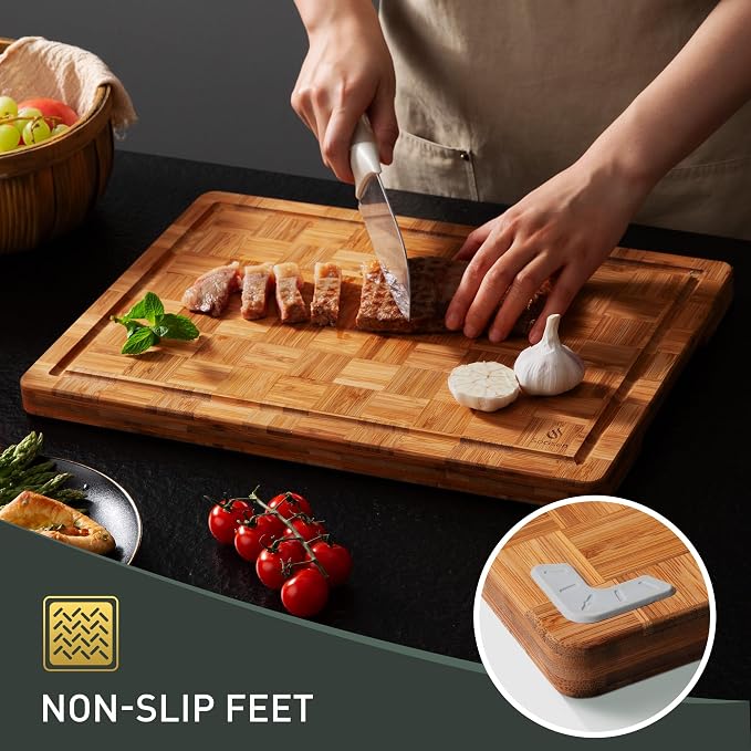 Bamboo Cutting Board 16'' Wood Wooden Cutting Boards for Kitchen Chopping | Heavy Duty, Solid & Durable, Juice Groove, Chopping Board, End Grain, Smart Flexible High Rank Stainless Steel Titanium