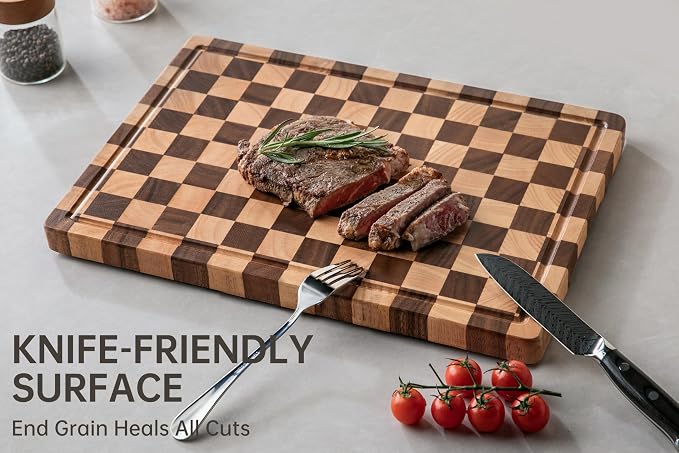 Cutting Boards for Kitchen, Checkered Cutting Board Upgraded, Acacia Wood Chopping Board with Juice Grooves & Handles, Large Butcher Block Serving Tray with Gift Box, 17"X12"X0.8"