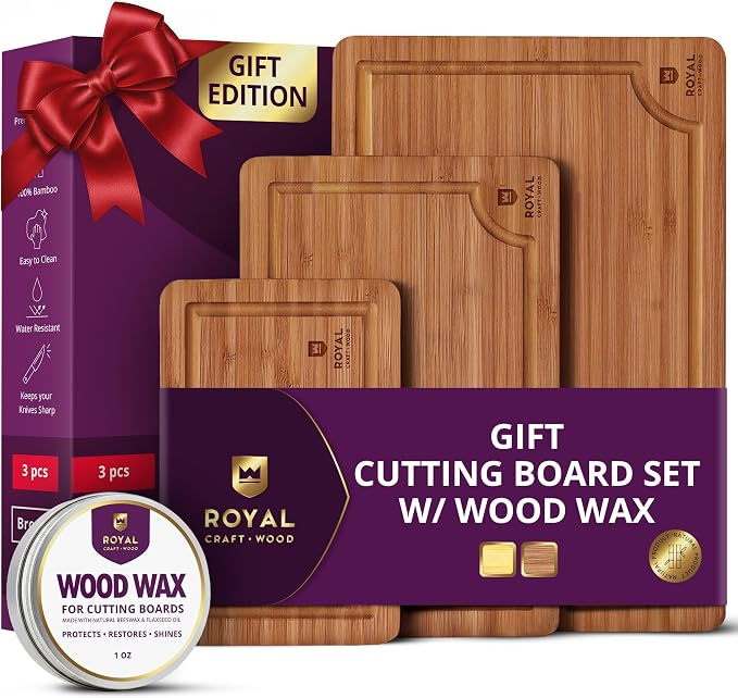 ROYAL CRAFT WOOD Wooden Cutting Boards for Kitchen Meal Prep & Serving - Bamboo Wood Serving Board Set with Deep Juice Groove Side Handles - Charcuterie & Chopping Butcher Block for Meat