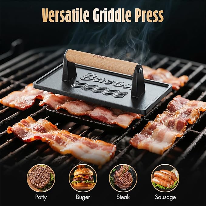 Pisol Pre-Seasoned Cast Iron Smash Burger Press, 2 lb Meat Press Tool | Rustproof, Pre-Seasoned, Flat Bottom, Square, Wooden Handle, Dishwasher Safe, No Stick, Easy to Clean, 6.6'' Wide, 2lb