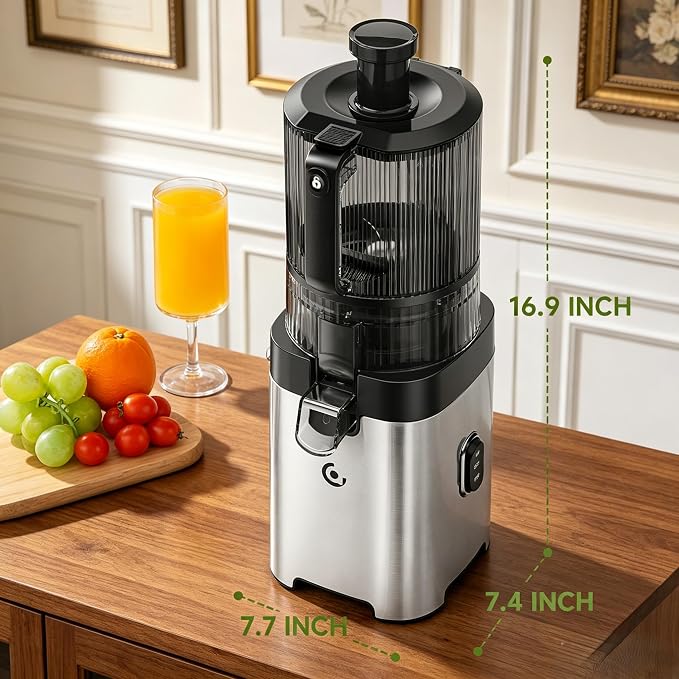 AMZCHEF Cold Press Juicer, 6.5" Whole Fruit Self-Feeding Slow Juicer | 3-in-1 Juicer Machine for Juice, Nut Milk & Sorbet, 90oz Large Capacity, Easy to Clean Design, Triple Strainers, Large Auger