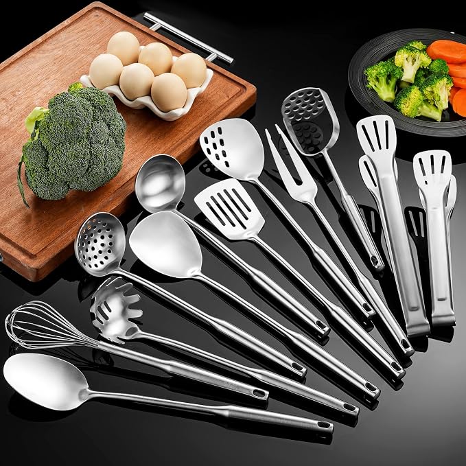 Stainless Steel Kitchen Utensils 12 Pcs, Small Cooking Utensils Set | Dishwasher safe; 304-Healthy; One piece-sturdy; Fits for person new to cooking; Perfect for a B&B or rental or camper