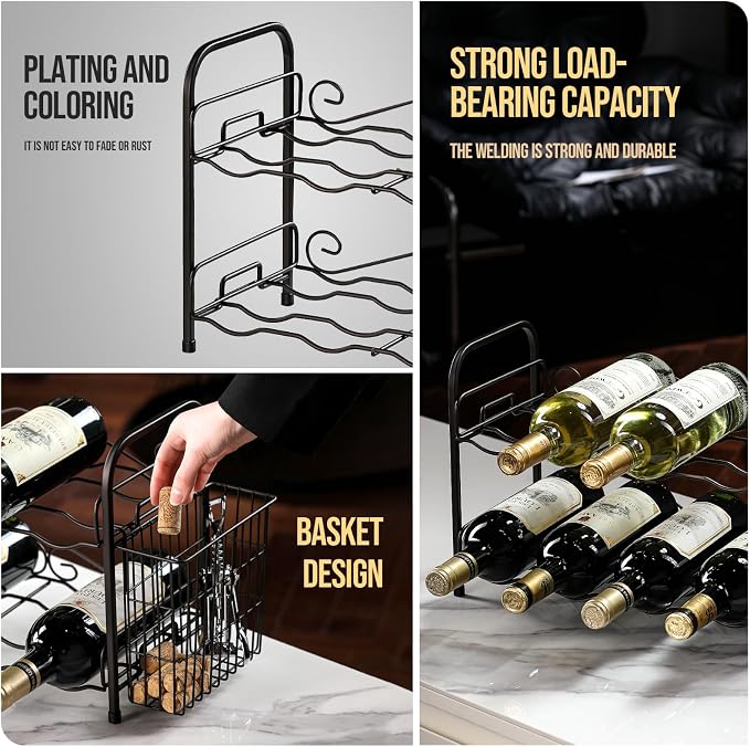 Wine Rack, 2-Tier 8 Bottles Wine Racks with Cork Holder Countertop Cabinet Wine Holder Wine Storage Shelf for Pantry Kitchen Bar Black