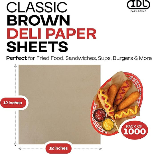Brown Deli Paper Sheets, 12" x 12" (1000 pcs.) - USA-Made Premium Food Basket Liners - PFAS-free Grease Resistant Deli Paper Sheets for Snack & Baking Wrap, Picnic & Party by IDL Packaging