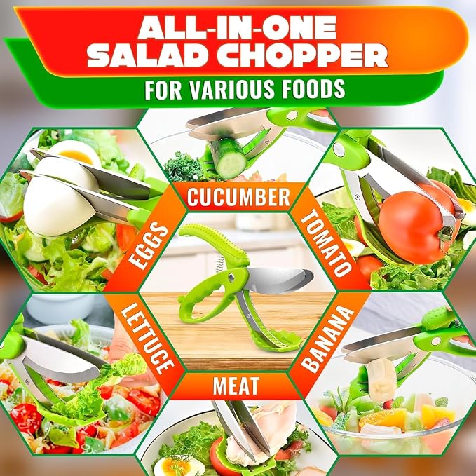 Salad Scissors for Chopped Salad, Two-Blade, Spring-Loaded System | 8.9" Salad Chopper Scissors for Fast Double Cutting; Chops Lettuce, Veggies, and Fruits; Non-Slip Handle; Anti-Slash Head