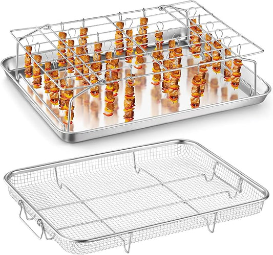 P&P CHEF 16 Inch Baking Cookie Sheet with Rack, 15.4 Inch Air Fryer Basket for Oven, Stackable Rack & 36 Skewers for Cooling, Baking, Roasting, Multifunctional and Utility Set for Kitchen