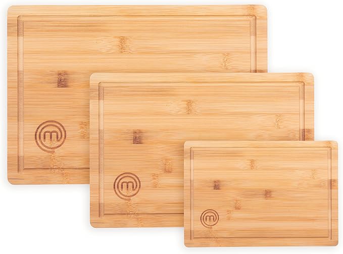 MasterChef Wooden Cutting Boards for Kitchen, Bamboo Cutting Board Set of 3 | Reversible Large, Medium & Small Wooden Chopping Boards with Juice Grooves, Natural, Organic & Sustainable Wood, Food Safe