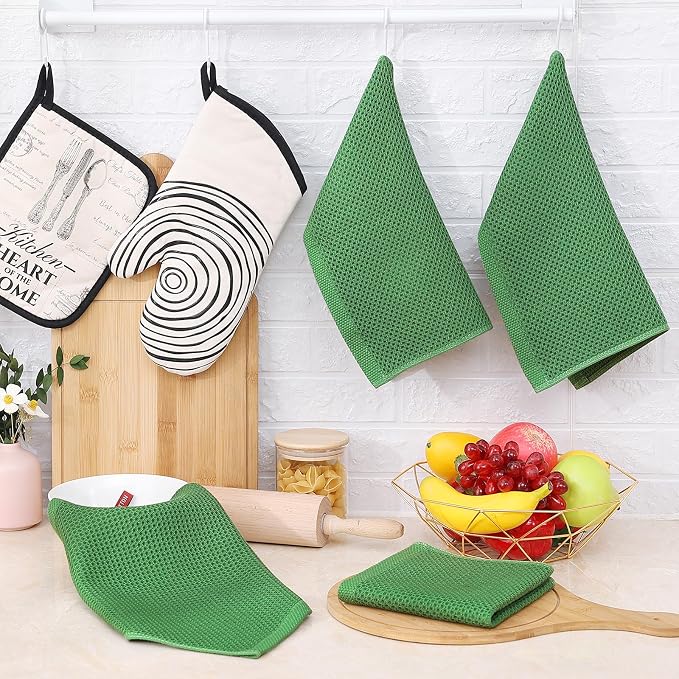 Homaxy 100% Cotton Waffle Weave Kitchen Dish Cloths, 7-Pack, Grass Green | 12 x 12 Inches, Ultra Soft Absorbent Dish Towels, Quick Drying Dish Rags with Hanging Loop