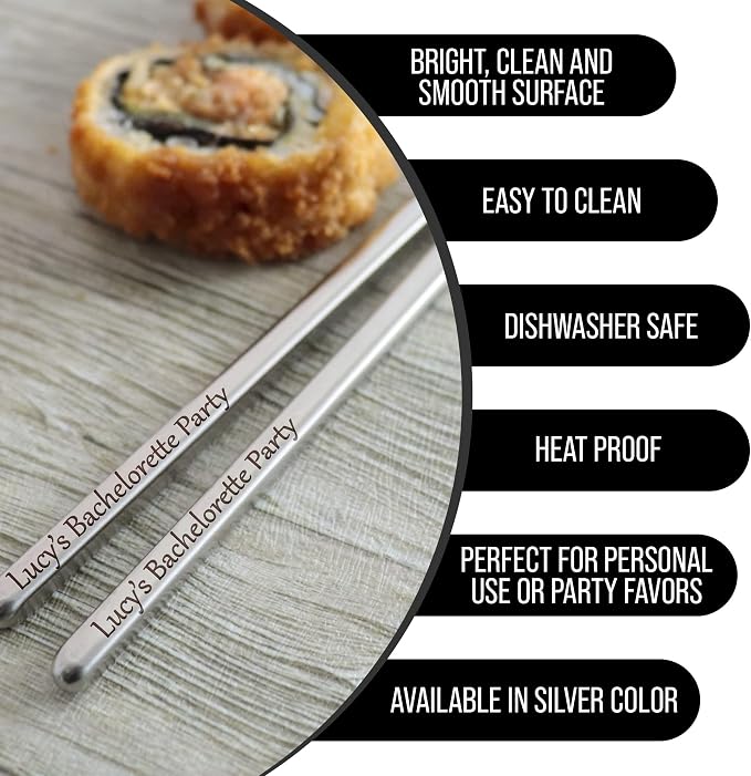 Set of custom reusable metal chopsticks engraved japanese stainless steel dinnerware utensils lot for new home, gifts, party favors, wedding goodie bags, engagements
