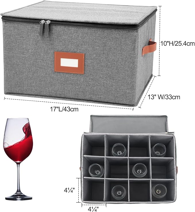 Wine Glass Storage Box with Dividers, Stemware Storage Containers for Glassware or Crystal, China Storage Containers Hard Shell, Moving Supplies, Hard Top, Sides and Stackable (2 Pack, Grey)