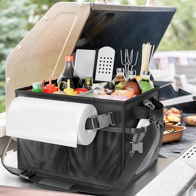 Grill Caddy, Foldable BBQ Caddy with Paper Towel Holder, Black | 11 Compartments, Easy-Clean Aluminum Interior, 1680D Oxford Fabric, Water-Resistant, Shoulder Strap Included, Tailgating