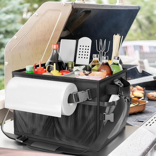 Grill Caddy, Foldable BBQ Caddy with Paper Towel Holder, Black | 11 Compartments, Easy-Clean Aluminum Interior, 1680D Oxford Fabric, Water-Resistant, Shoulder Strap Included, Tailgating