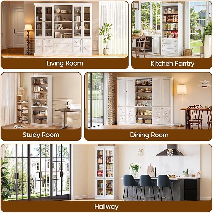 70.8" Tall Farmhouse Kitchen Pantry Cabinet, Modular Storage Cabinet with 6-Tier Adjustable Shelves, White, Wooden Hutch for Living Room, Kitchen, Set of 2