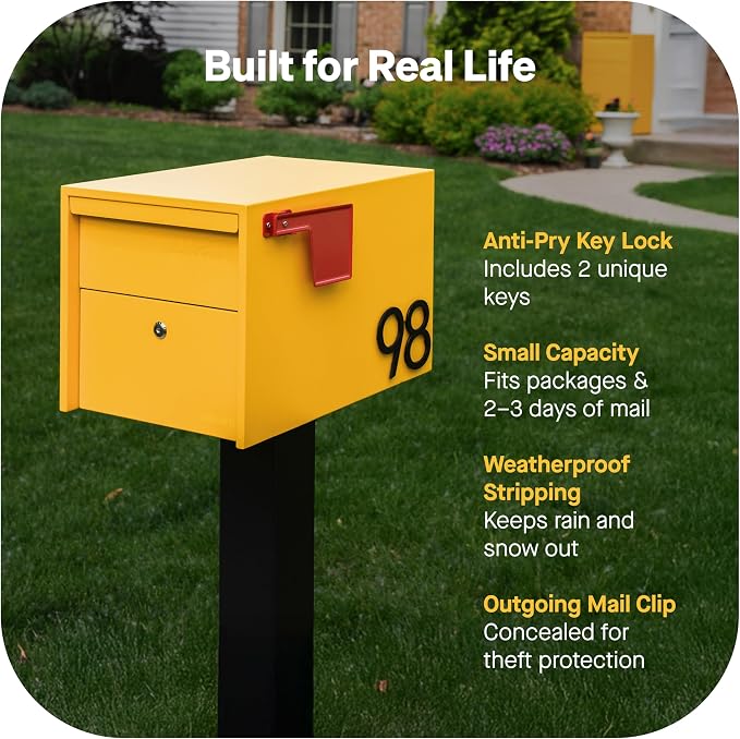 Adoorn Lockable Post Mount Mailboxes for Outside - Small Anti-Theft Locking Mailbox for Packages and Letters - Weatherproof Construction - Durable Steel - 12" H x 12" W x 18.5" D - Yellow