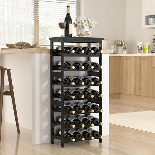 28-Bottle Wine Rack Free Standing Floor, Solid Wood 7-Tier Display Wine Storage Shelves with Tabletop, Wobble-Free Bottle Holder for Cellar Kitchen Bar Dining Room Living Room