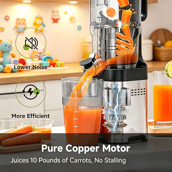 Cold Press Juicer Machine, 5.4" Wide Self-Feeding Chute | Masticating Juice Extractor for Whole Fruits & Vegetables，Large Auger & Triple Strainers, High Juice Yield, Easy to Clean